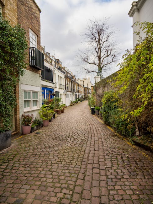 A narrow, cobblestone alleyway in a residential area with brick and white-painted terraced houses on the right side, featuring large sash windows and external black drainpipes. Potted plants and small
